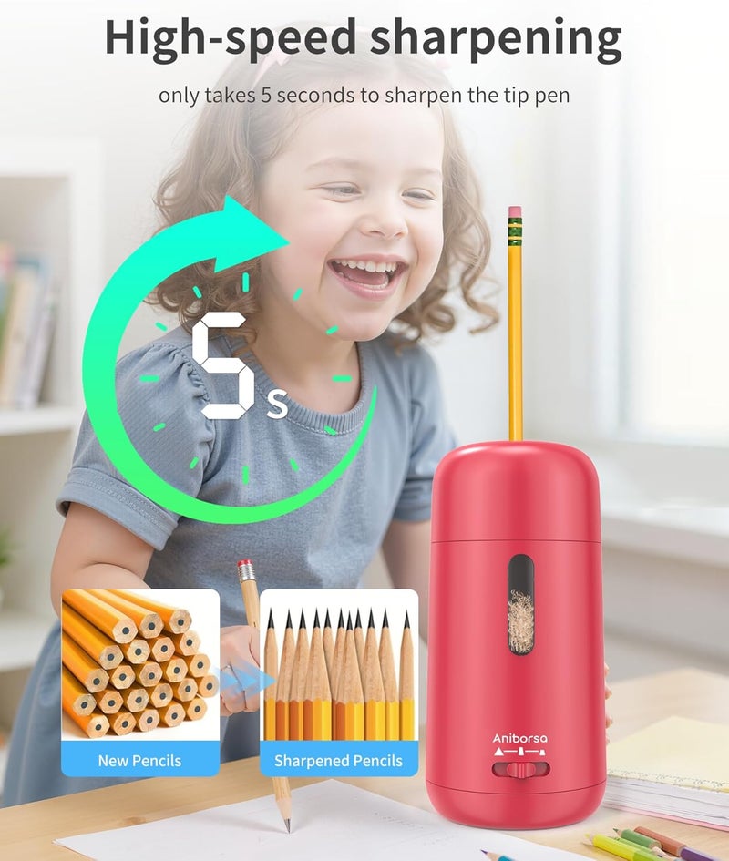 Aniborsa مبراة أقلام كهربائية أوتوماتيكية - تغذية أوتوماتيكية، توقف أوتوماتيكي وإخراج أوتوماتيكي، قابلة لإعادة الشحن للفصل الدراسي، المنزل، المدرسة، المكتب، وردي غامق - Image 4